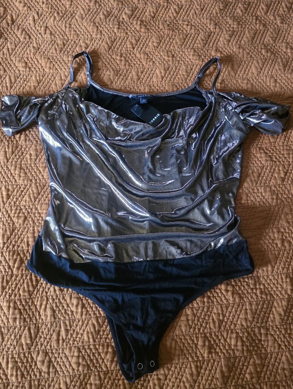 torrid Metallic Off-Shoulder Cowl Bodysuit Bronze Sz 1X/14-16